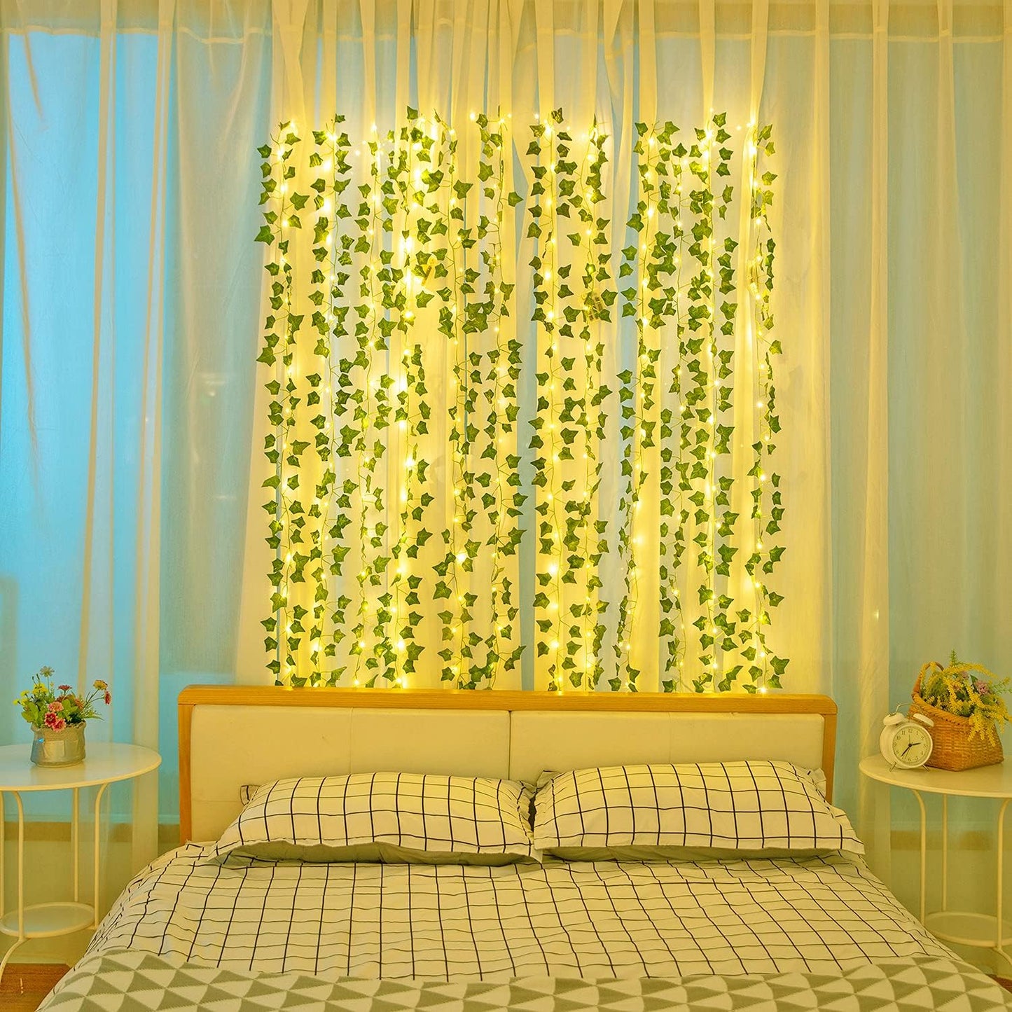 24 Pcs Artificial Ivy Garland Fake Vines with 130 Ft Lights String (400 LED) Decor Faux Green Hanging Plant Greenery for Wall Party Wedding Room Home Kitchen Indoor & Outdoor Decoration