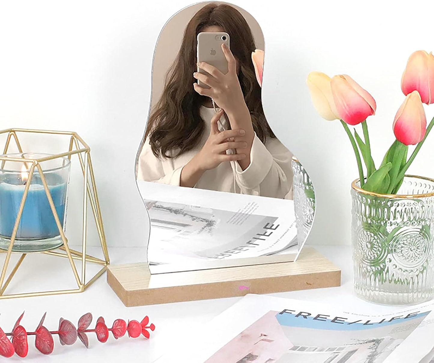 Irregular Aesthetic Vanity Mirror Frameless, Makeup Mirror Decorative Desk Tabletop Acrylic Mirrors with Wooden Stand for Living Room, Bedroom, and Minimal Spaces Home Decor (A)