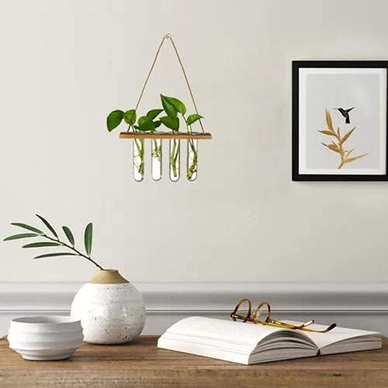 Wall Hanging Mounted Planter Glass Terrarium with Wooden Holder and 4 Test Tube Vase for Propagation Hydroponics Plants Cuttings Home Office Decoration, Brown