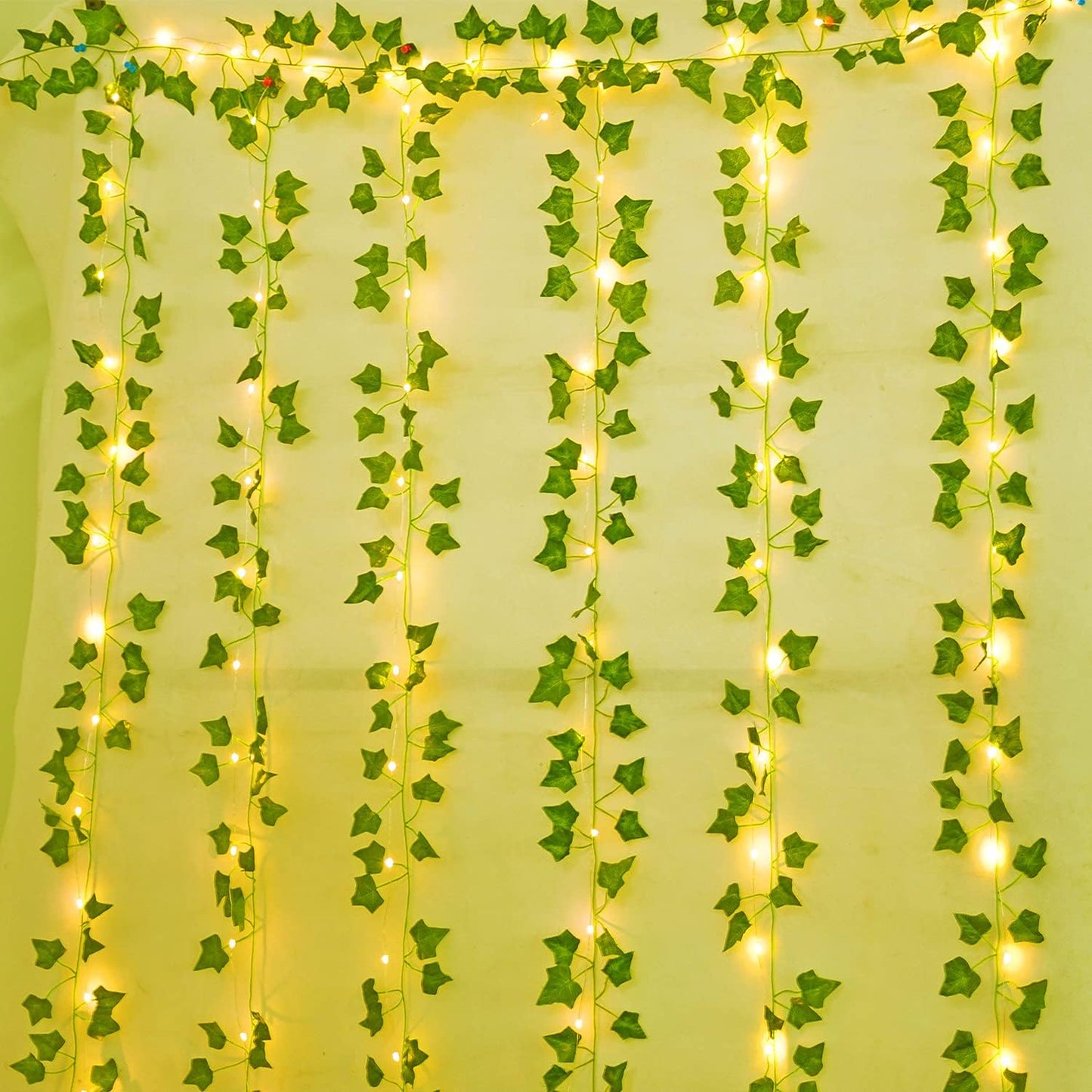 24 Pcs Artificial Ivy Garland Fake Vines with 130 Ft Lights String (400 LED) Decor Faux Green Hanging Plant Greenery for Wall Party Wedding Room Home Kitchen Indoor & Outdoor Decoration