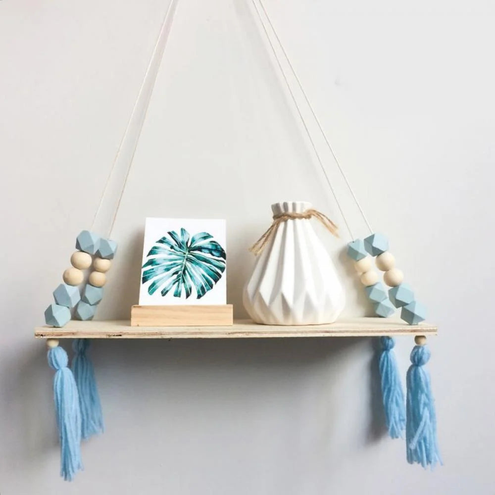Wall Hanging Shelves,Boho Wall Hanging Shelf Wood Rope Hanging Floating Shelves Swing Triangle Floating Shelf Triangle Window Rope Plant Wooden Bead Tassels Storage Rack Wall Rope Hanging Shelf