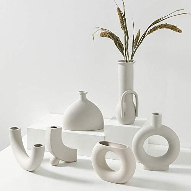 White Ceramic Vase for Floral Arrangements Modern Abstraction Flower Vases for Living Room Wedding Home Table Decor (Nordic-J)