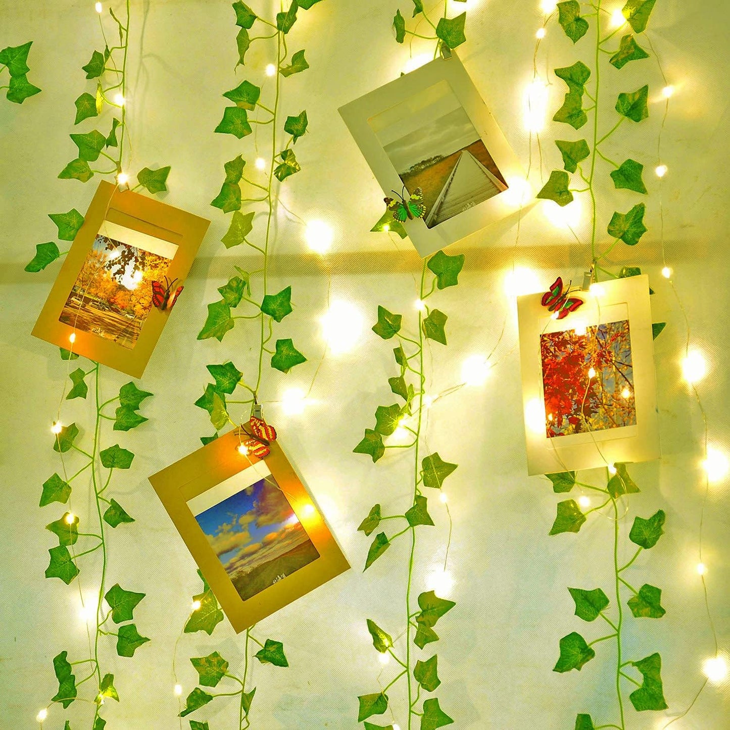 24 Pcs Artificial Ivy Garland Fake Vines with 130 Ft Lights String (400 LED) Decor Faux Green Hanging Plant Greenery for Wall Party Wedding Room Home Kitchen Indoor & Outdoor Decoration
