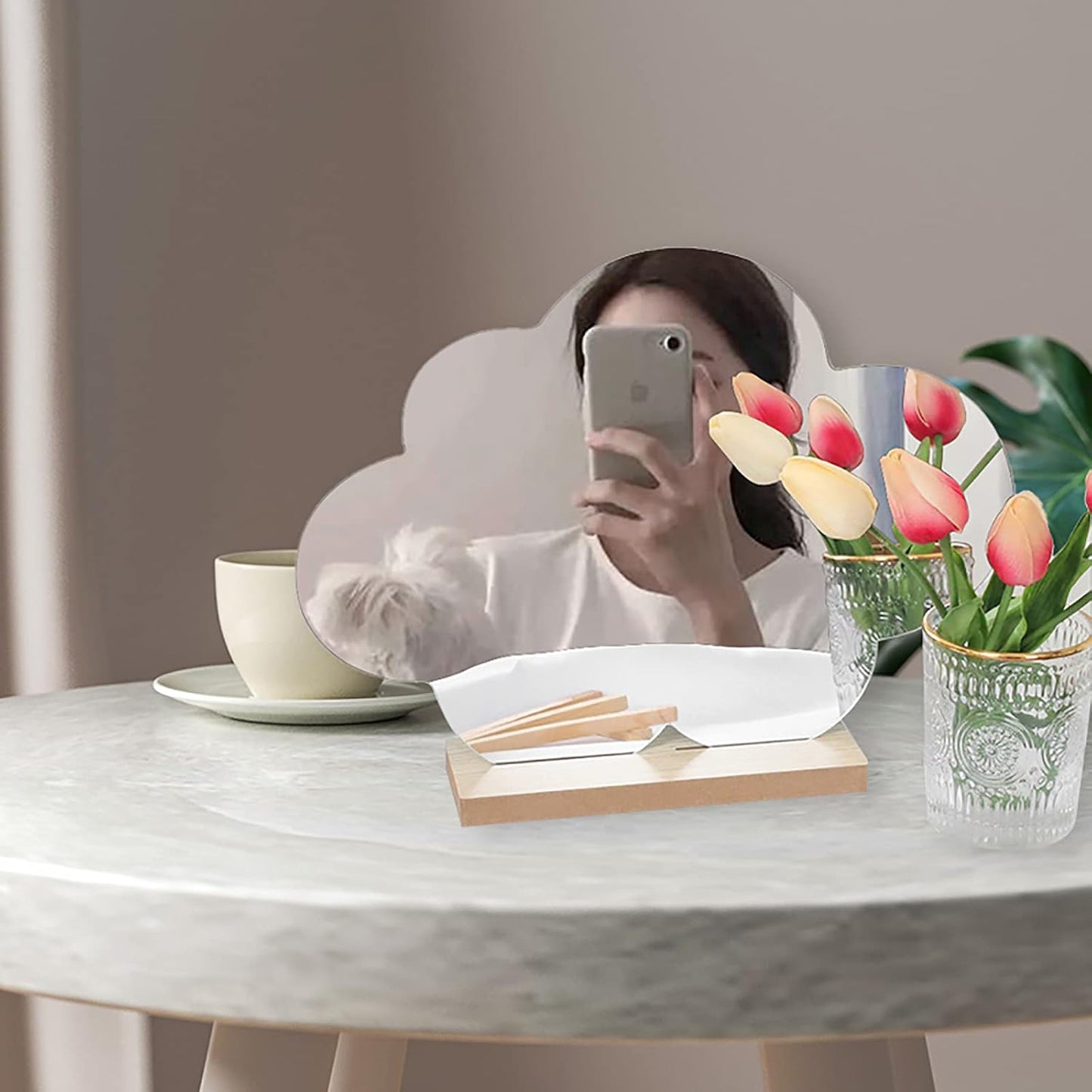 Irregular Aesthetic Vanity Mirror Frameless, Makeup Mirror Decorative Desk Tabletop Acrylic Mirrors with Wooden Stand for Living Room, Bedroom, and Minimal Spaces Home Decor (A)