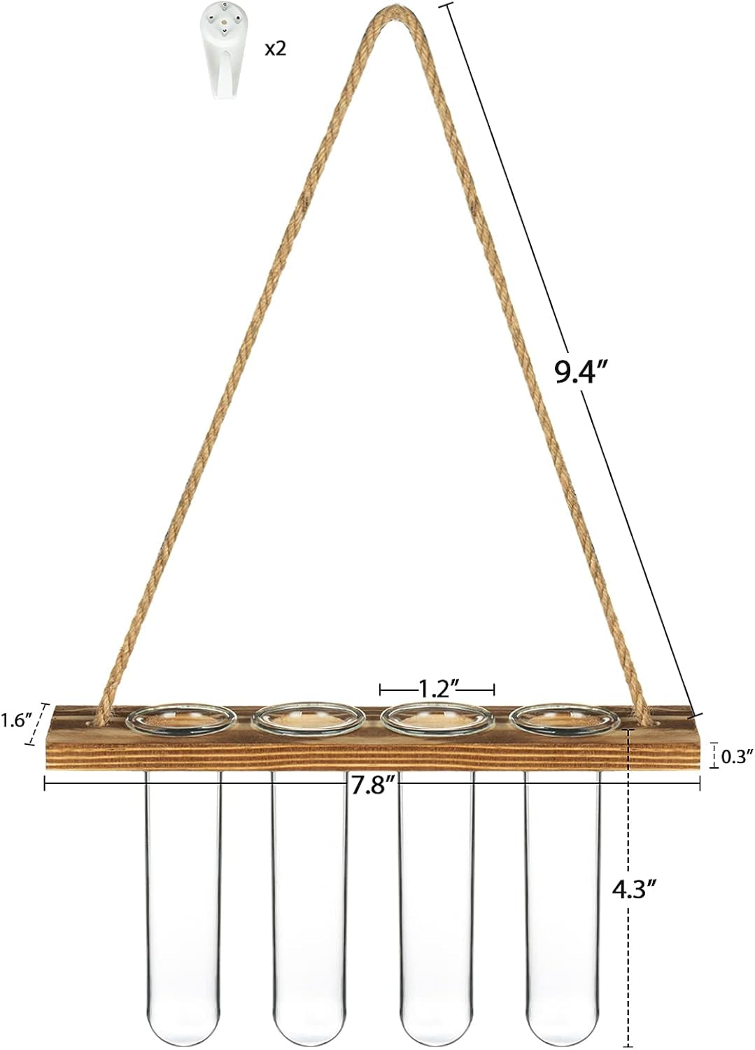 Wall Hanging Mounted Planter Glass Terrarium with Wooden Holder and 4 Test Tube Vase for Propagation Hydroponics Plants Cuttings Home Office Decoration, Brown