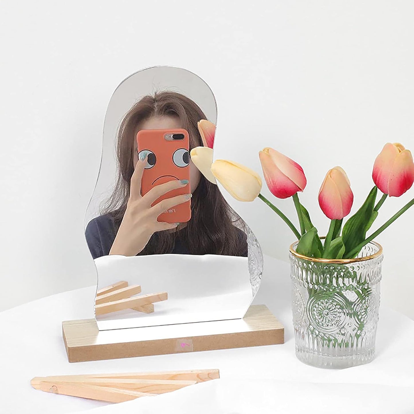 Irregular Aesthetic Vanity Mirror Frameless, Makeup Mirror Decorative Desk Tabletop Acrylic Mirrors with Wooden Stand for Living Room, Bedroom, and Minimal Spaces Home Decor (A)