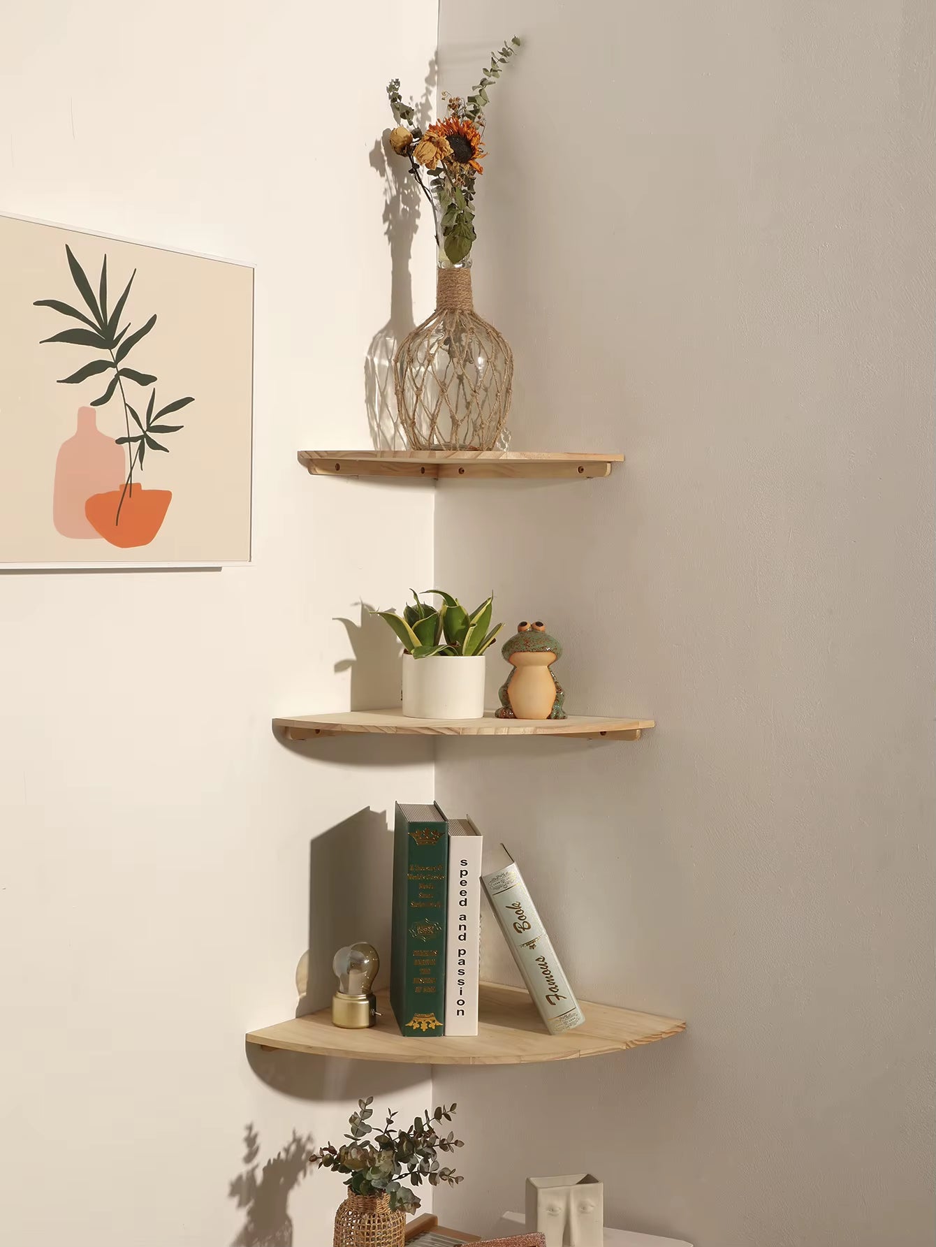 Wall Corner Shelves Wood Floating Wall Shelf round End Wall Mounted Floating Corner Shelf for Bedroom Living Room and Kitchen