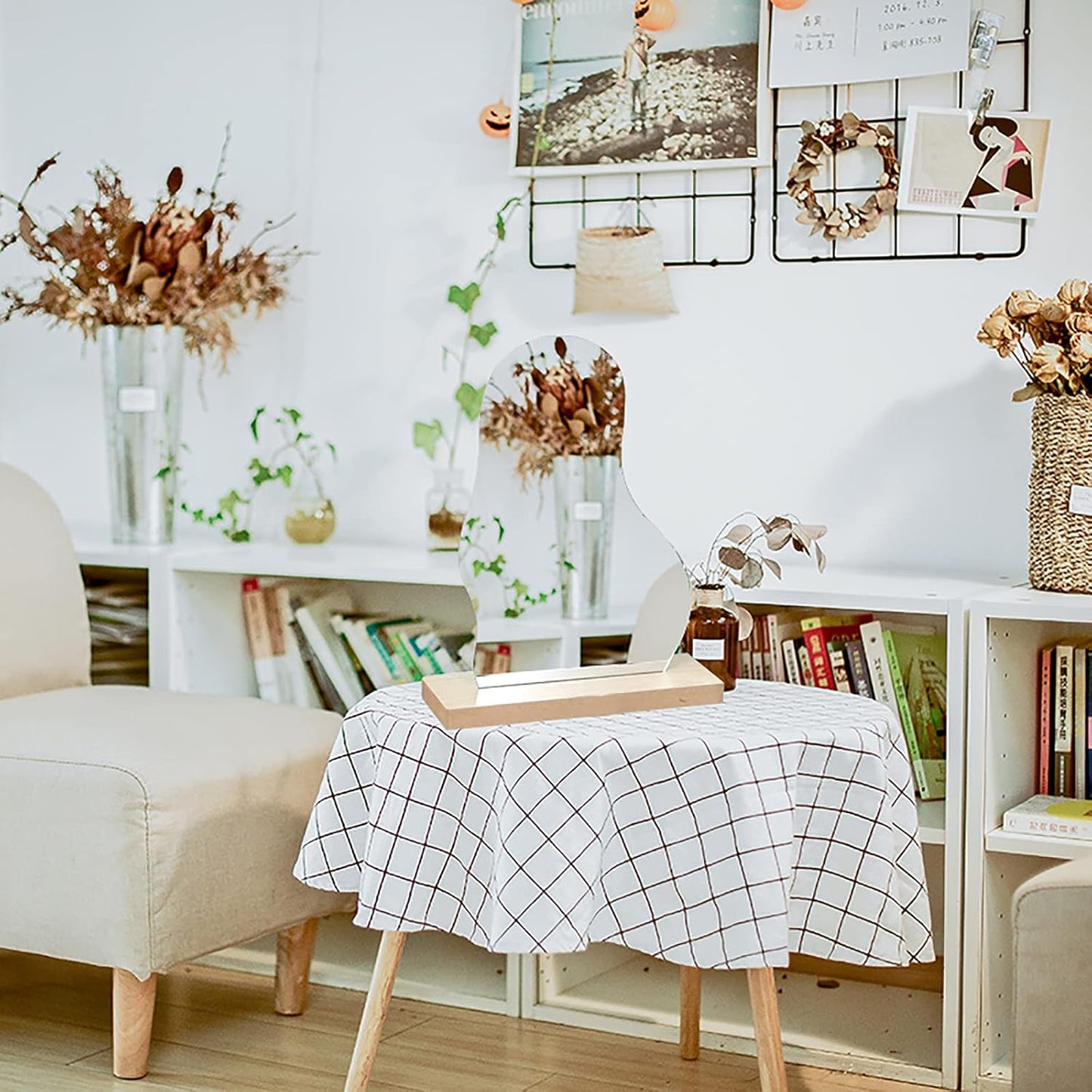 Irregular Aesthetic Vanity Mirror Frameless, Makeup Mirror Decorative Desk Tabletop Acrylic Mirrors with Wooden Stand for Living Room, Bedroom, and Minimal Spaces Home Decor (A)