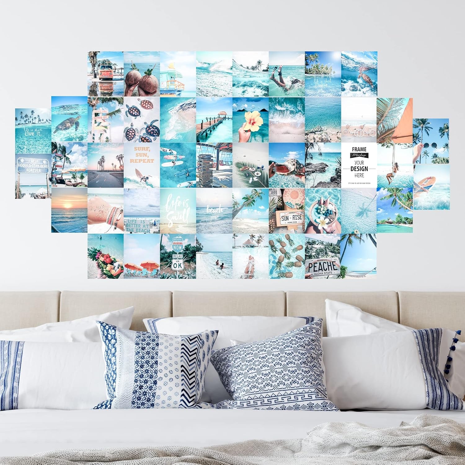 Beach Room Decor Aesthetic Pictures, Blue Photo Wall Collage Kit for Beachy Wall Decor, Ocean Room Decor, Beach Aesthetic Posters for Bedroom Decor