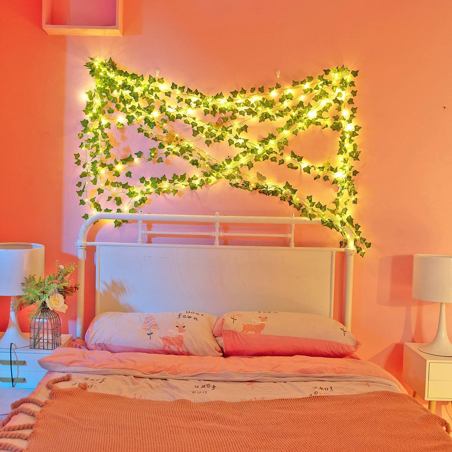 24 Pcs Artificial Ivy Garland Fake Vines with 130 Ft Lights String (400 LED) Decor Faux Green Hanging Plant Greenery for Wall Party Wedding Room Home Kitchen Indoor & Outdoor Decoration