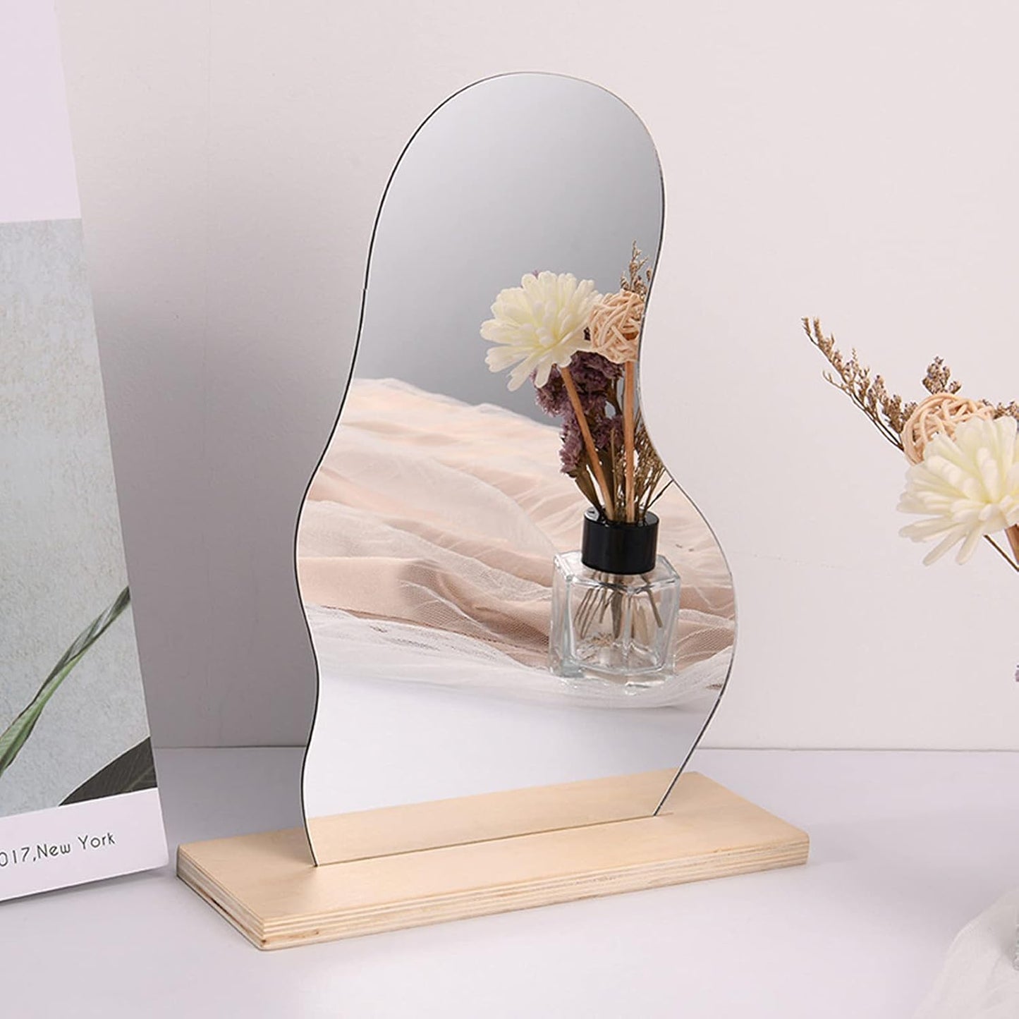 Irregular Aesthetic Vanity Mirror Frameless, Makeup Mirror Decorative Desk Tabletop Acrylic Mirrors with Wooden Stand for Living Room, Bedroom, and Minimal Spaces Home Decor (A)
