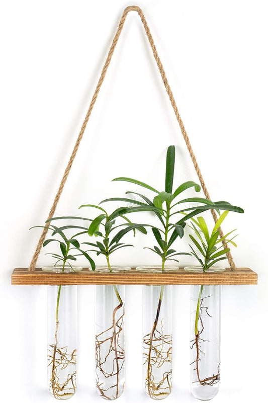 Wall Hanging Mounted Planter Glass Terrarium with Wooden Holder and 4 Test Tube Vase for Propagation Hydroponics Plants Cuttings Home Office Decoration, Brown