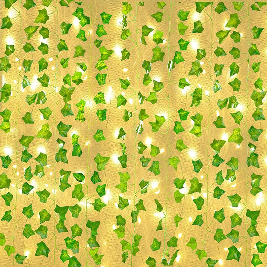 24 Pcs Artificial Ivy Garland Fake Vines with 130 Ft Lights String (400 LED) Decor Faux Green Hanging Plant Greenery for Wall Party Wedding Room Home Kitchen Indoor & Outdoor Decoration