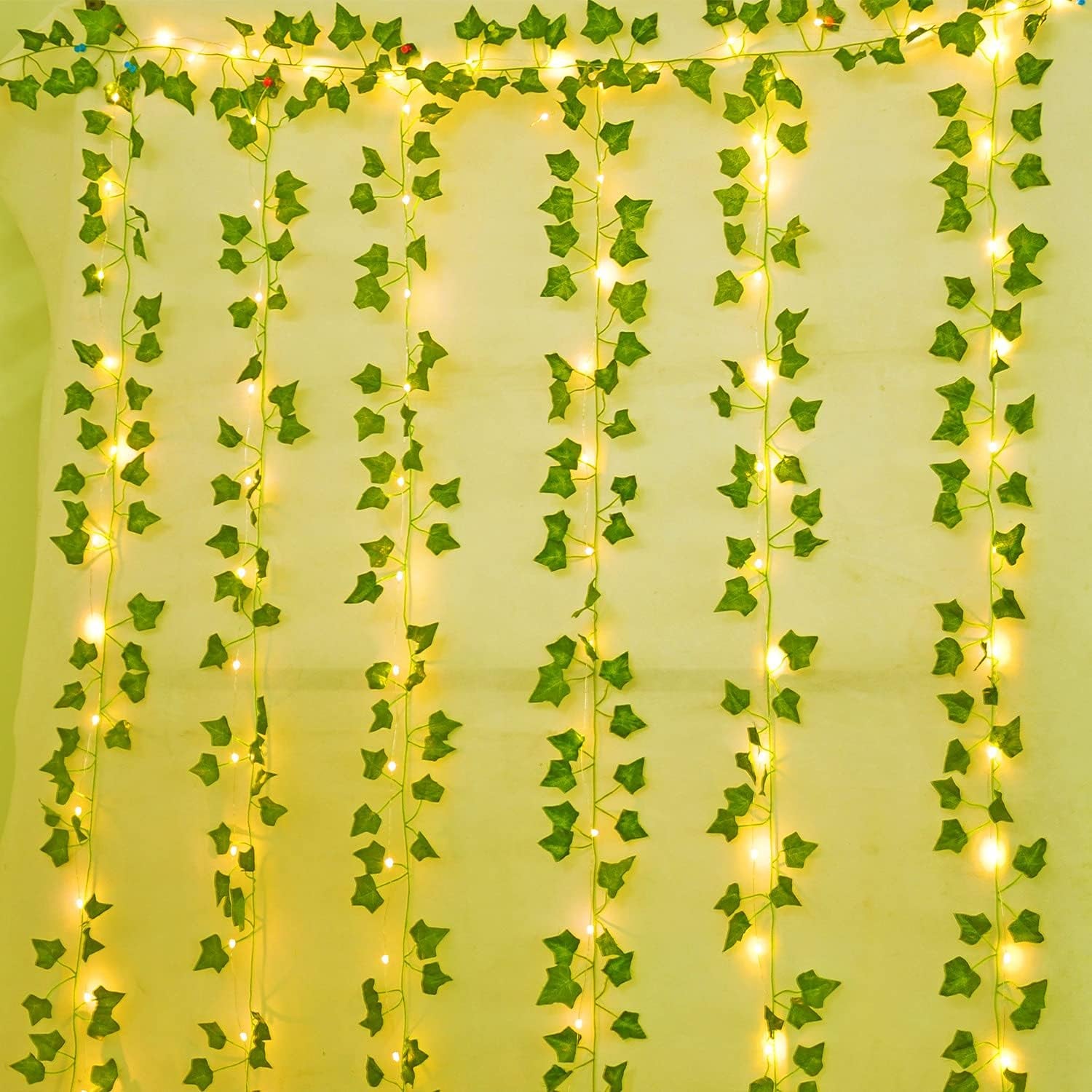 24 Pcs Artificial Ivy Garland Fake Vines with 130 Ft Lights String (400 LED) Decor Faux Green Hanging Plant Greenery for Wall Party Wedding Room Home Kitchen Indoor & Outdoor Decoration