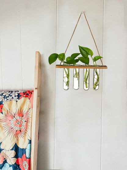 Wall Hanging Mounted Planter Glass Terrarium with Wooden Holder and 4 Test Tube Vase for Propagation Hydroponics Plants Cuttings Home Office Decoration, Brown