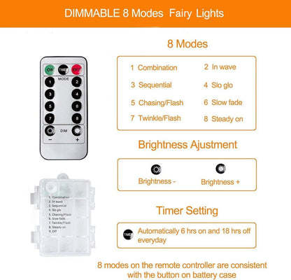 33Ft 100 LED Fairy Lights Battery Operated String Lights Waterproof 8 Modes Fairy Lights for Party Wedding Christmas Festive Decoration, Warm White