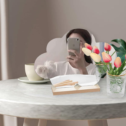 Irregular Aesthetic Vanity Mirror Frameless, Makeup Mirror Decorative Desk Tabletop Acrylic Mirrors with Wooden Stand for Living Room, Bedroom, and Minimal Spaces Home Decor (A)