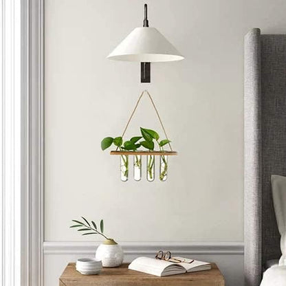 Wall Hanging Mounted Planter Glass Terrarium with Wooden Holder and 4 Test Tube Vase for Propagation Hydroponics Plants Cuttings Home Office Decoration, Brown